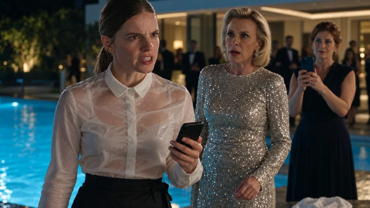 Camille trempée tient son téléphone devant Victoria et Sophie près de la piscine.