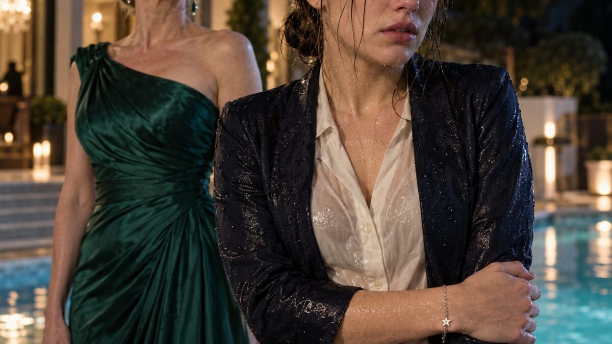 Emma trempée à la réception, son bracelet étoilé au poignet droit.